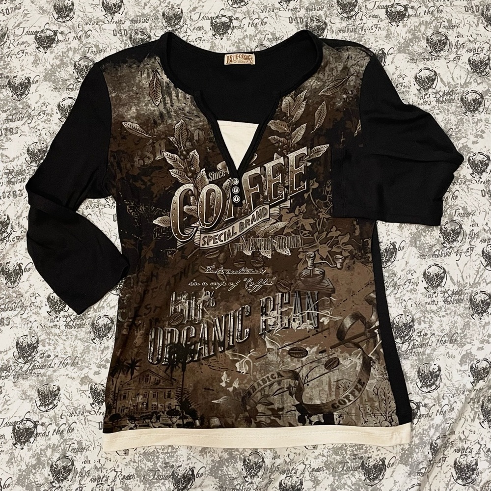All over print 3/4 sleeve top. Coffee theme